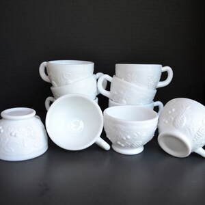 Mid-Century Set of 10 Punch Cup Fruits Milk Glass by WESTMORELAND - Pressed Glass - Footed - FREE Shipping within USA