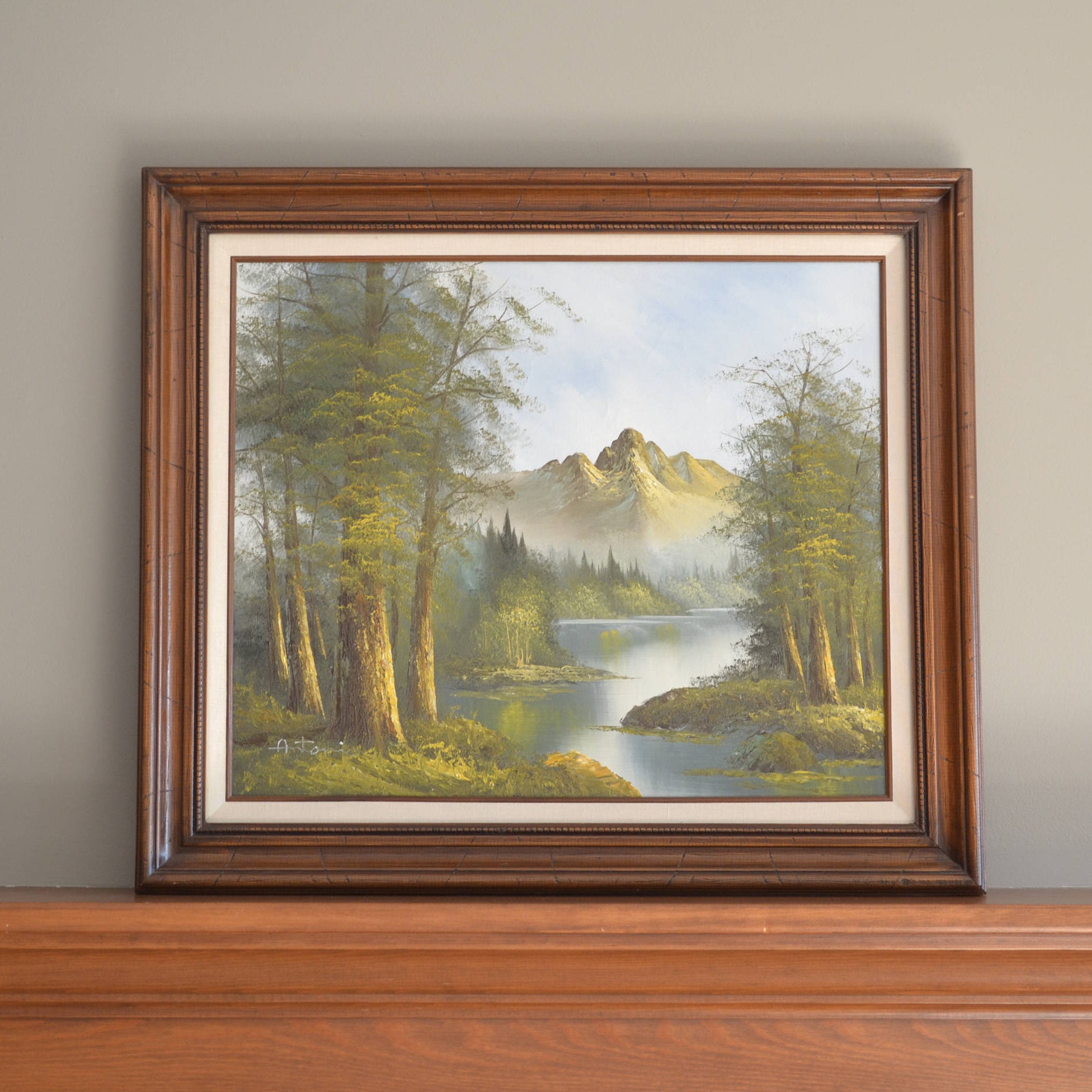豪華！アンティーク絵画　油彩　アメリカ　森林と川風景画Antiqueヴィンテージ 豪華！アンティーク絵画 油彩 アメリカ 森林と川風景画Antique