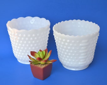 Vintage Fire King Hobnail melkglas plantenbakken - vaas met brede opening - wit glas