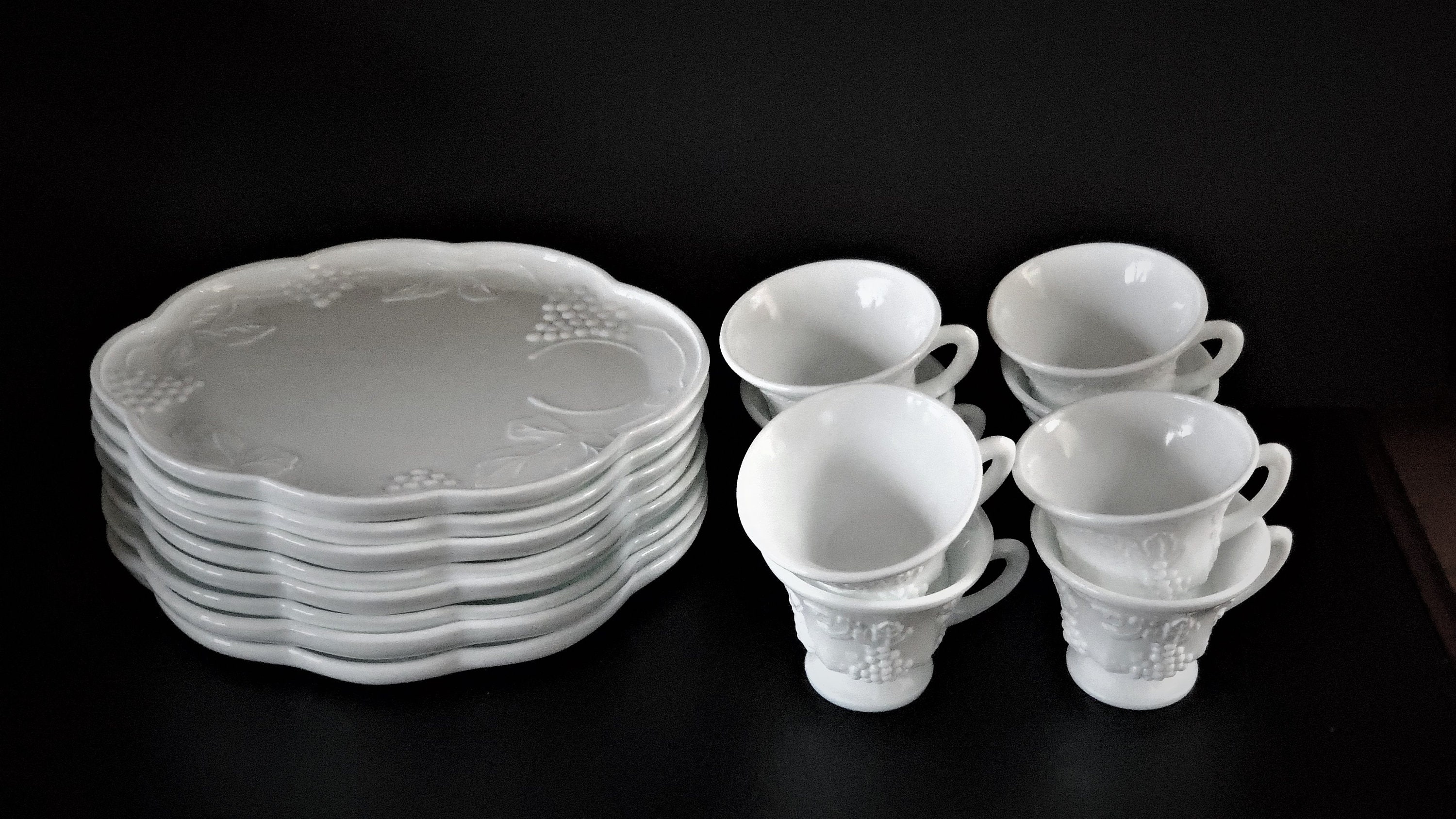 White Milk Glass Luncheon Set With Raised Grape Pattern Etsy