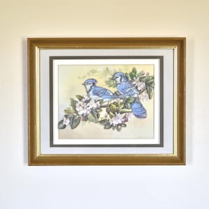Puede incluir: Obra de arte enmarcada con dos arrendajos azules posados en una rama con flores blancas. Las aves están pintadas en un estilo realista con plumas detalladas y un fondo suave.