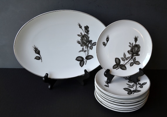 Vintage 43pc Gem China Charcoal Gray Roses & Leaves, Coupe