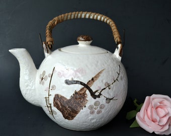 MCM Japanese Hand-Painted Floral Teapot Ceramic & Bamboo - Tea for Two - Afternoon Tea