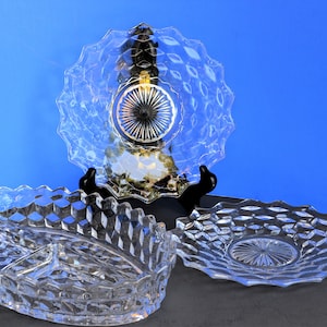3pc Vintage Fostoria American Clear 10&quot; 3 Part Oval Relish & 7&quot; Salad Plates - Collectible Glass - Stacked Squares/Cubes