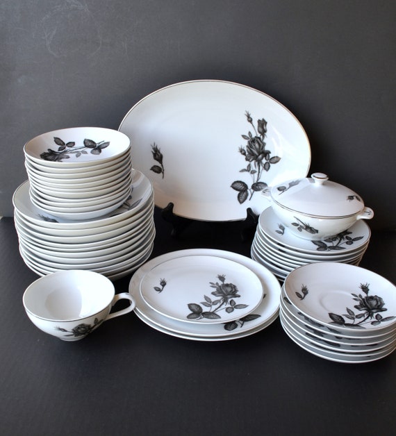 Vintage 43pc Gem China Charcoal Gray Roses & Leaves, Coupe