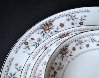 Claremont Porcelain Dining Set Pieces - Rust & Gray Floral with Blue Accents - Made by Sone, in Japan - FREE Shipping within USA