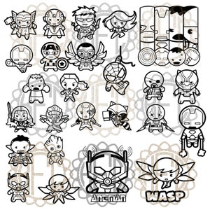 May include: Black and white line art illustrations of various Marvel superhero characters, including Iron Man, Thor, Captain America, Black Panther, Spider-Man, Ant-Man, and Wasp. The characters are depicted in a chibi style, with large heads and small bodies.