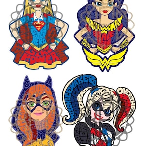 Chibi DC Superheld Mädchen Wort Kunst Wonder Woman Super Mädchen Fledermaus Mädchen Harley Quinn Pdf Png EPS Silhouette studio(.studio3 Datei) SVG