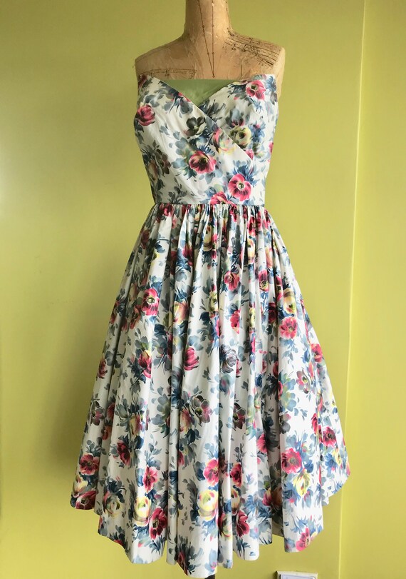 Vintage 60's Strapless Full Skirted Floral Cotton