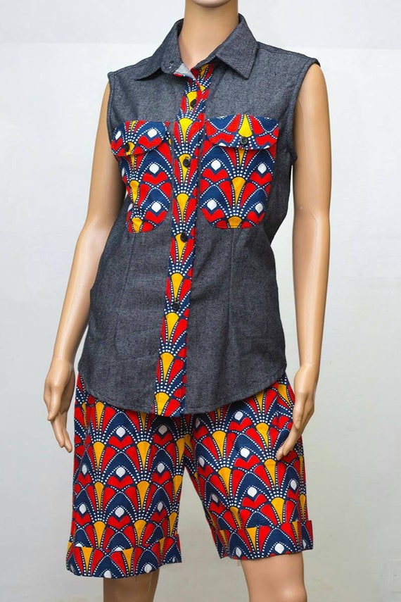 african print shorts and top