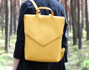 Yellow vegan Backpack for Women, Colorful laptop rucksack, Small back pack purse for girls, Faux Leather daypack, gift for her, girlfriend