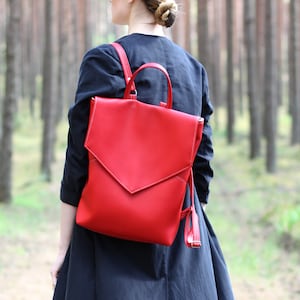 Red Backpack for Women Vegan Leather Backpack Small Daypack