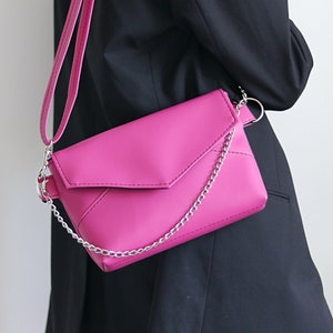 pink bag for women, pink crossbody bag, bright pink shoulder bag, envelope bag in pink with a chain, small bag, mini bag