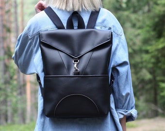 Vegan Leather Laptop Backpack Women Black Faux Leather Rucksack School Back pack Purse Minimalist Girls Rucksack Gift For Her Goth Backpack