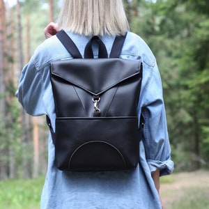 Vegan Leather Laptop Backpack Women Black Faux Leather Rucksack School Back pack Purse Minimalist Girls Rucksack Gift For Her Goth Backpack