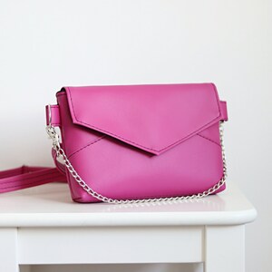 pink envelope bag with a chain. minimalistic bag shoulder bag crossbodybag hot pink color adjustable strap