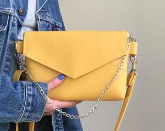 Vegan Leather Crossbody bag for Women Small shoulder Bag Yellow Handbag Faux Leather Crossbody Bag Minimal Envelope bag Elegant evening bag