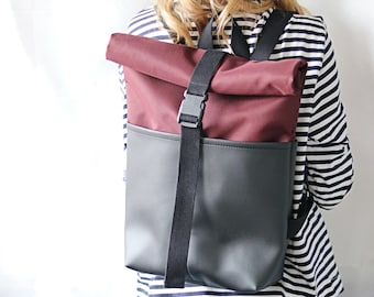 Rolltop-Rucksack für Damen, Laptop-Tagesrucksack, Rolltop-Rucksack für Herren, Reiserucksack, Damen, veganer Rucksack, Kunstledertasche, Cordura-Rucksack