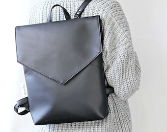 Eleganter Rucksack für Frauen, schwarzer Rucksack, Geldbörse, minimaler Hanf-Rucksack für Frauen, Lederrucksack, Laptop-Rucksack für Mädchen, veganer Rucksack