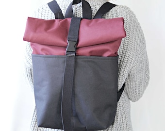 Cordura Roll top backpack Burgundy Black RollTop Rucksack for Women Vegan backpack for Men Hanf rucksack Gift for him men boyfriend