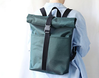 Green Roll top Backpack for Women Rolltop Rucksack Men Laptop Backpack Women Vegan Daypack For Men Vegan gift for her, him, husband, friend