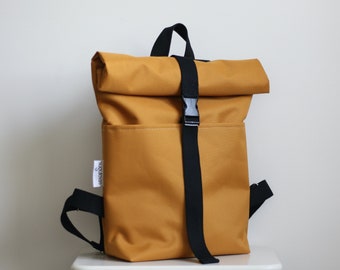 Gelber Rolltop Rucksack Frauen Rolltop Rucksack Herren Laptop Rucksack Gelber Rucksack Vegan Mustard Bag 90er Jahre Rucksack Geschenk für Sie, Ihn