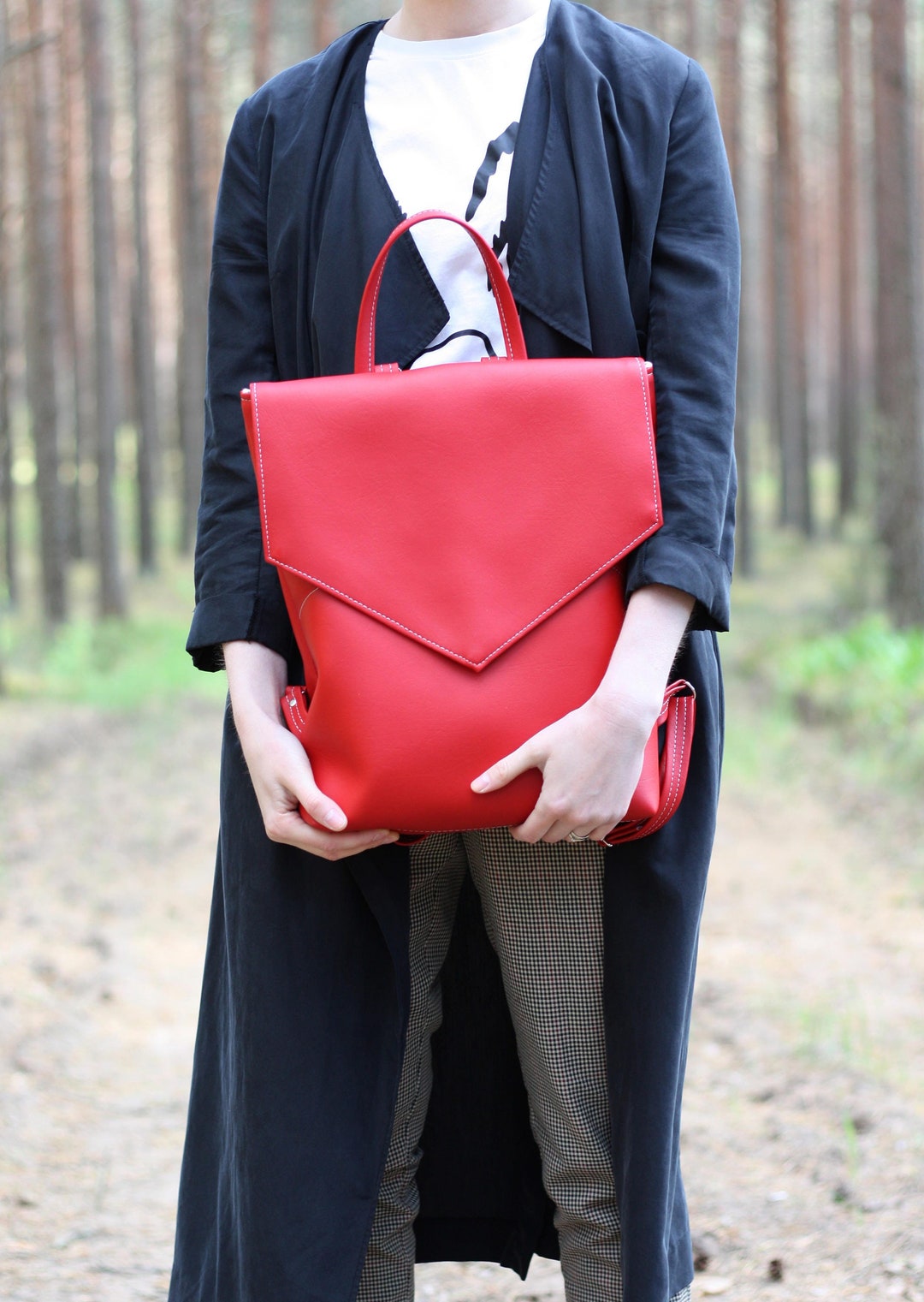 Minimal Red Backpack for Women. Everyday Vegan Rucksack - Etsy