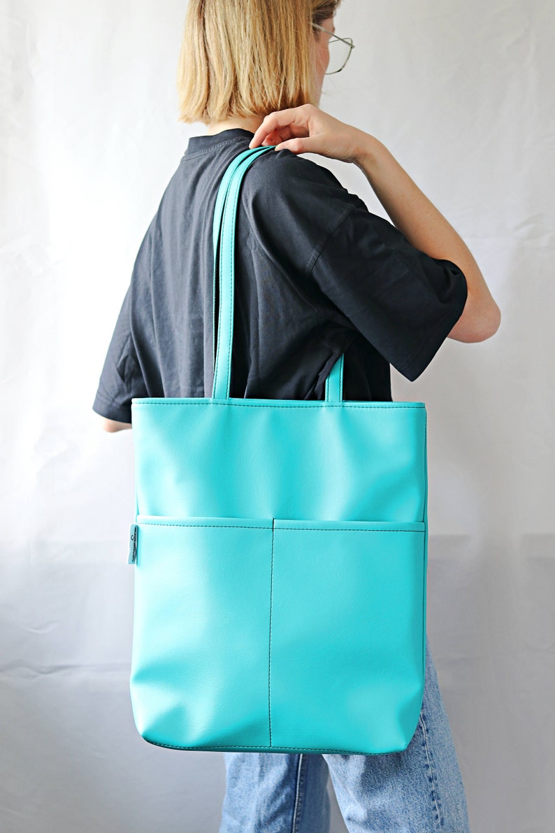 Oversized Tote Bag for Women Vegan Tote bag Colorful tote bag Feminist tote bag Vegan leather Shoulder Bag Big Women bag purse Turquoise Bag image 5