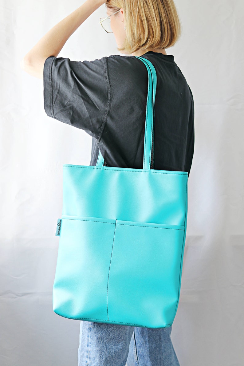 Oversized Tote Bag for Women Vegan Tote bag Colorful tote bag Feminist tote bag Vegan leather Shoulder Bag Big Women bag purse Turquoise Bag image 8