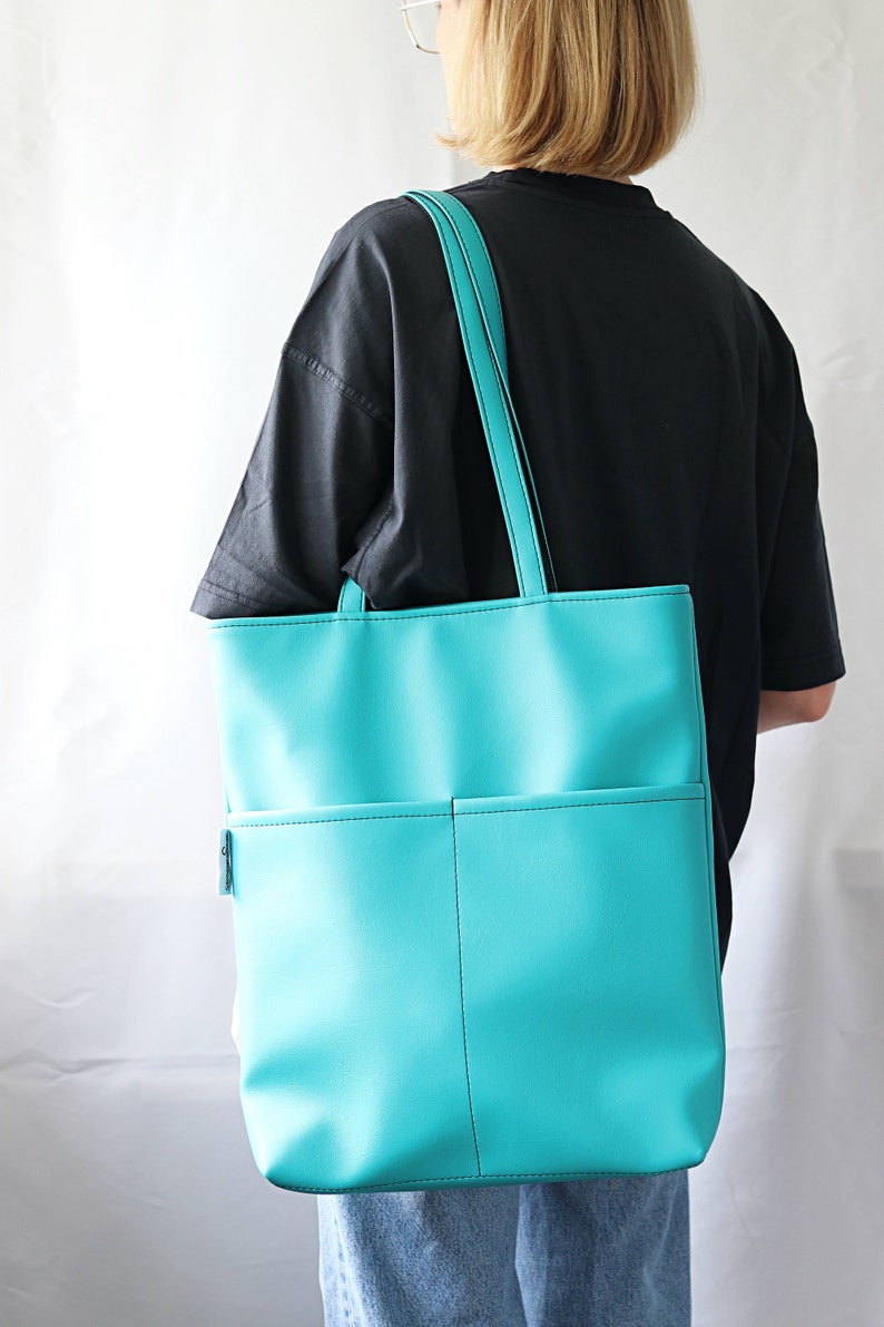 Oversized Tote Bag for Women Vegan Tote bag Colorful tote bag Feminist tote bag Vegan leather Shoulder Bag Big Women bag purse Turquoise Bag image 6