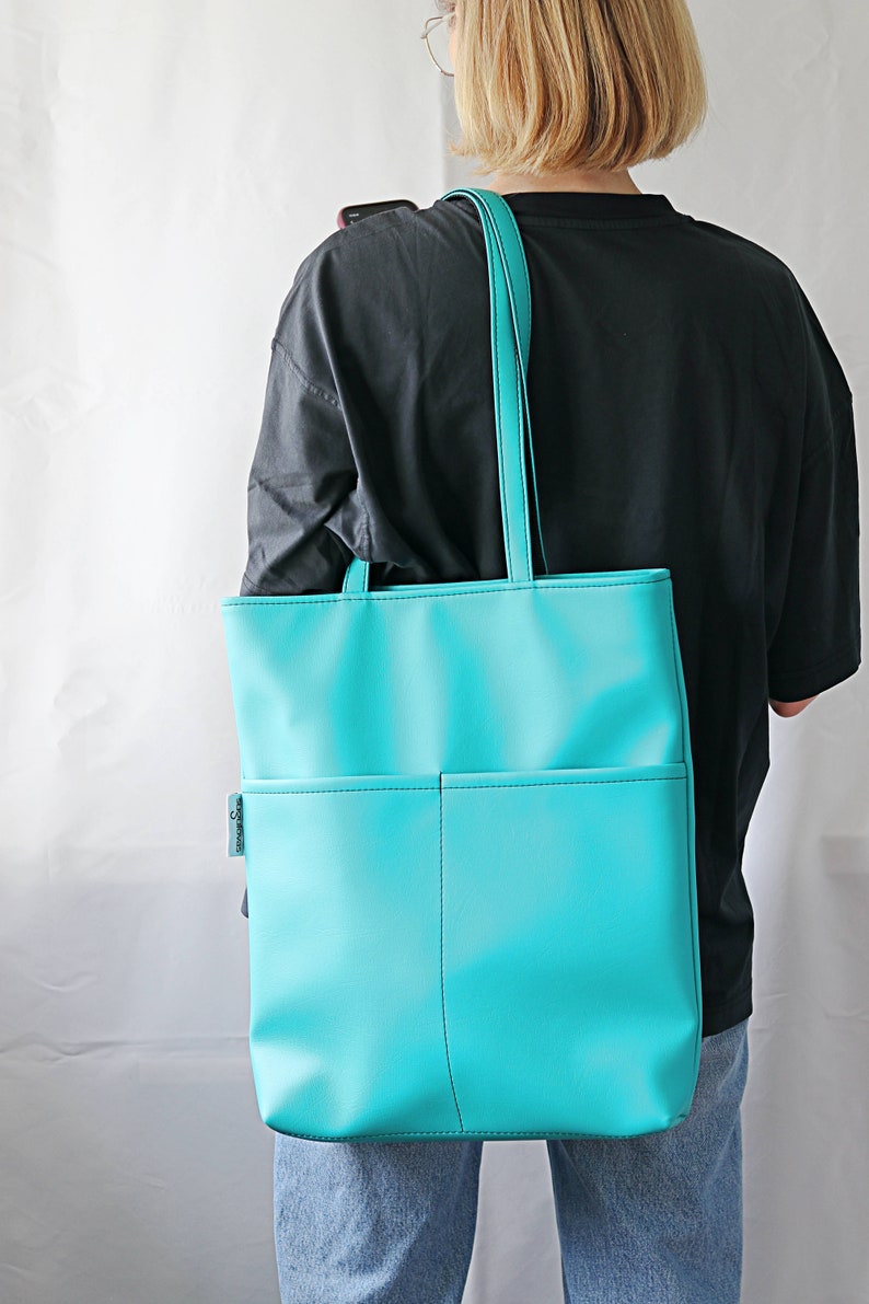 Oversized Tote Bag for Women Vegan Tote bag Colorful tote bag Feminist tote bag Vegan leather Shoulder Bag Big Women bag purse Turquoise Bag image 9