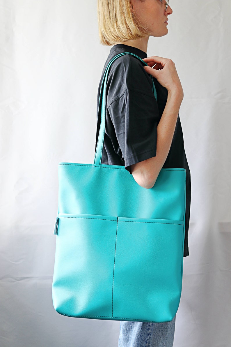 Oversized Tote Bag for Women Vegan Tote bag Colorful tote bag Feminist tote bag Vegan leather Shoulder Bag Big Women bag purse Turquoise Bag image 7