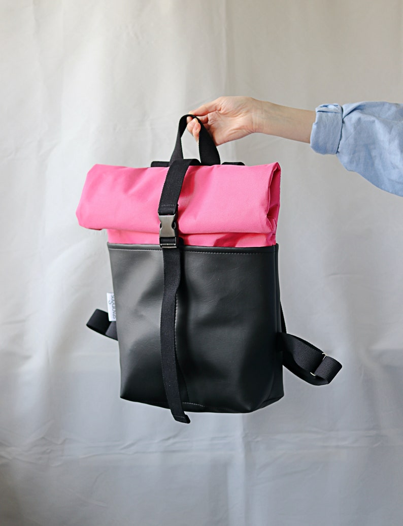 Roll top backpack for Women Colorful backpack Vegan backpack Pink Rolltop rucksack Laptop backpack Corduroy backpack for girl for travel image 4
