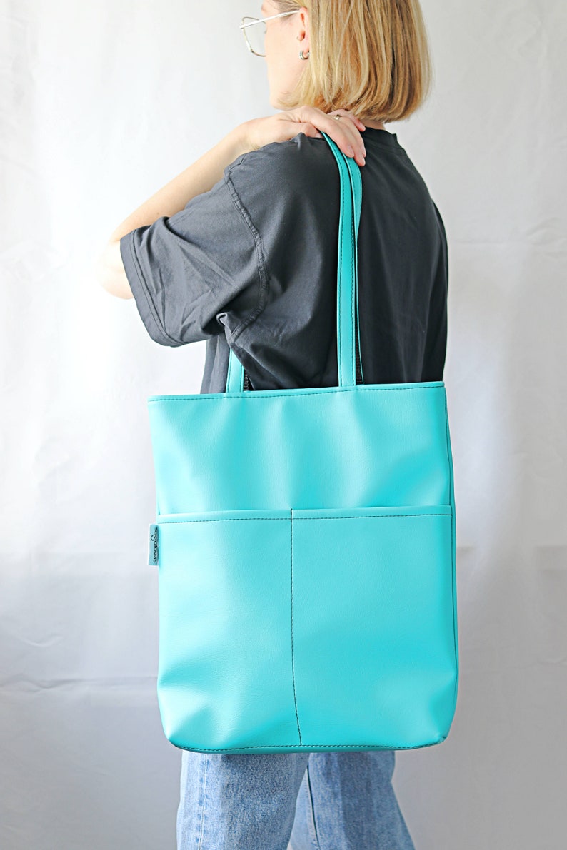 Oversized Tote Bag for Women Vegan Tote bag Colorful tote bag Feminist tote bag Vegan leather Shoulder Bag Big Women bag purse Turquoise Bag image 4