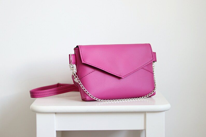 pink envelope bag with a chain. minimalistic bag shoulder bag crossbodybag hot pink color adjustable strap