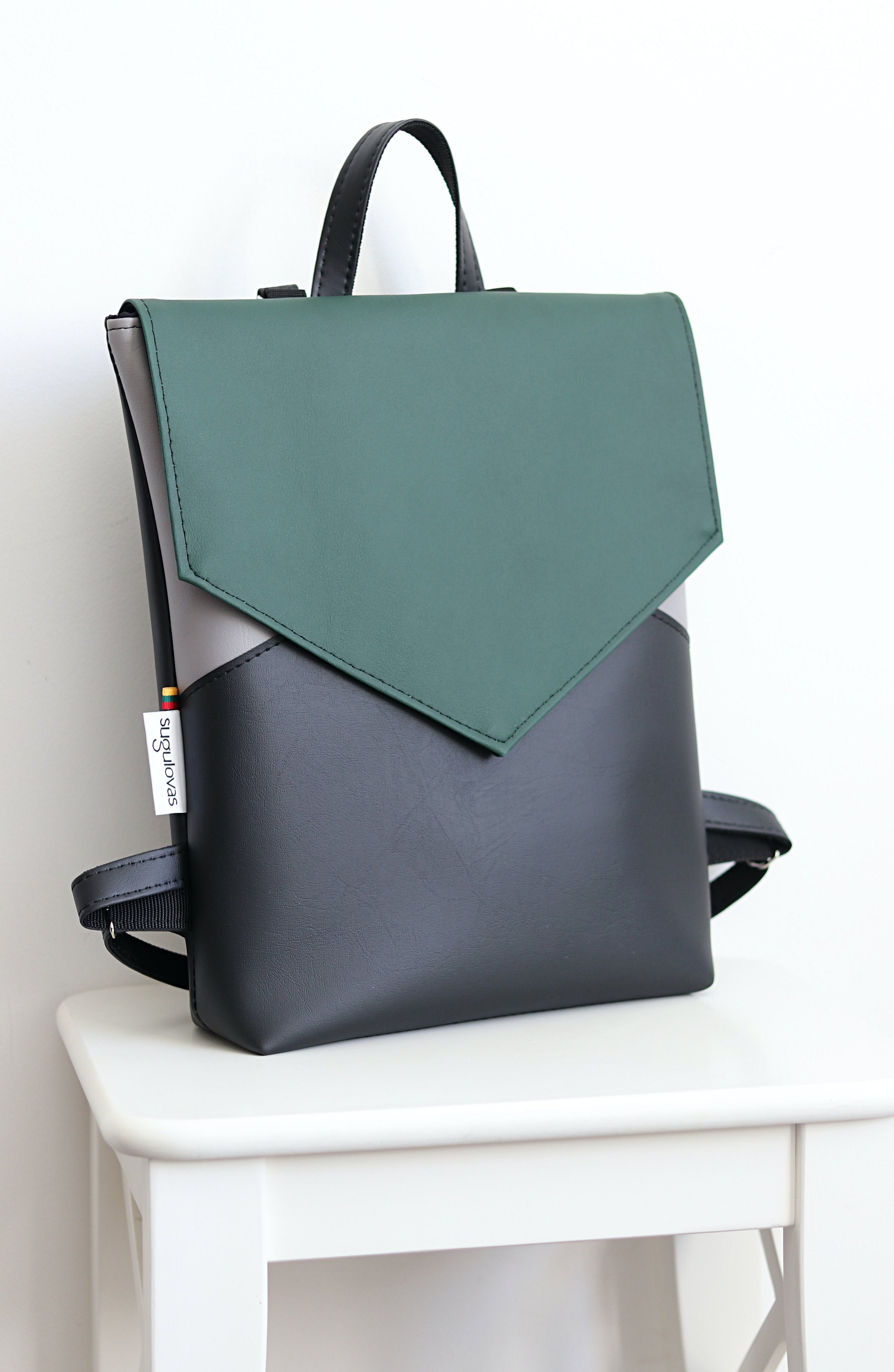 Minimal Envelope Backpack Black and Green Backpack Faux Etsy