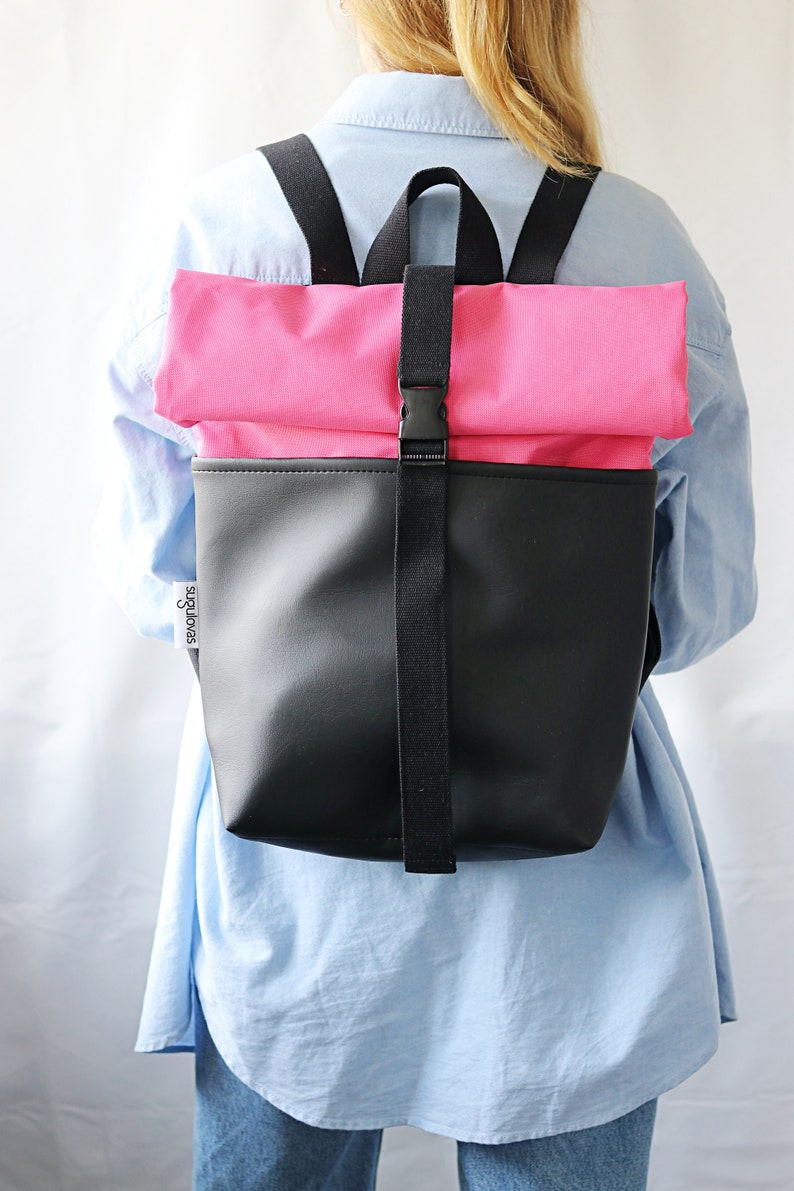 Roll top backpack for Women Colorful backpack Vegan backpack Pink Rolltop rucksack Laptop backpack Corduroy backpack for girl for travel image 6