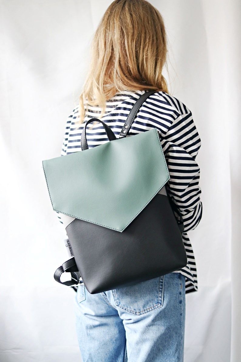 elegant backpack, minimal bag purse, backpack for women,green rucksack, envelope bag, green and black backpack bag.