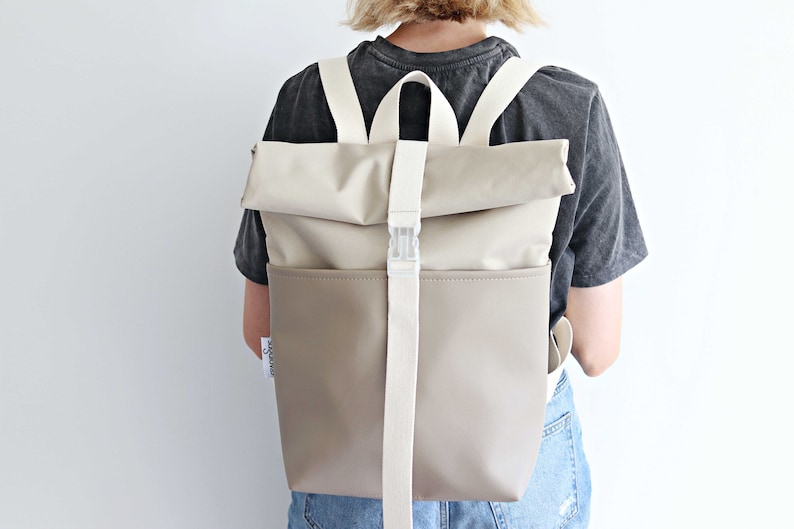 rolltop backpack, rolltop rucksack, beige backpack, cordura backpack, unisex backpack, backpack for men, backpack for women, everyday backpack