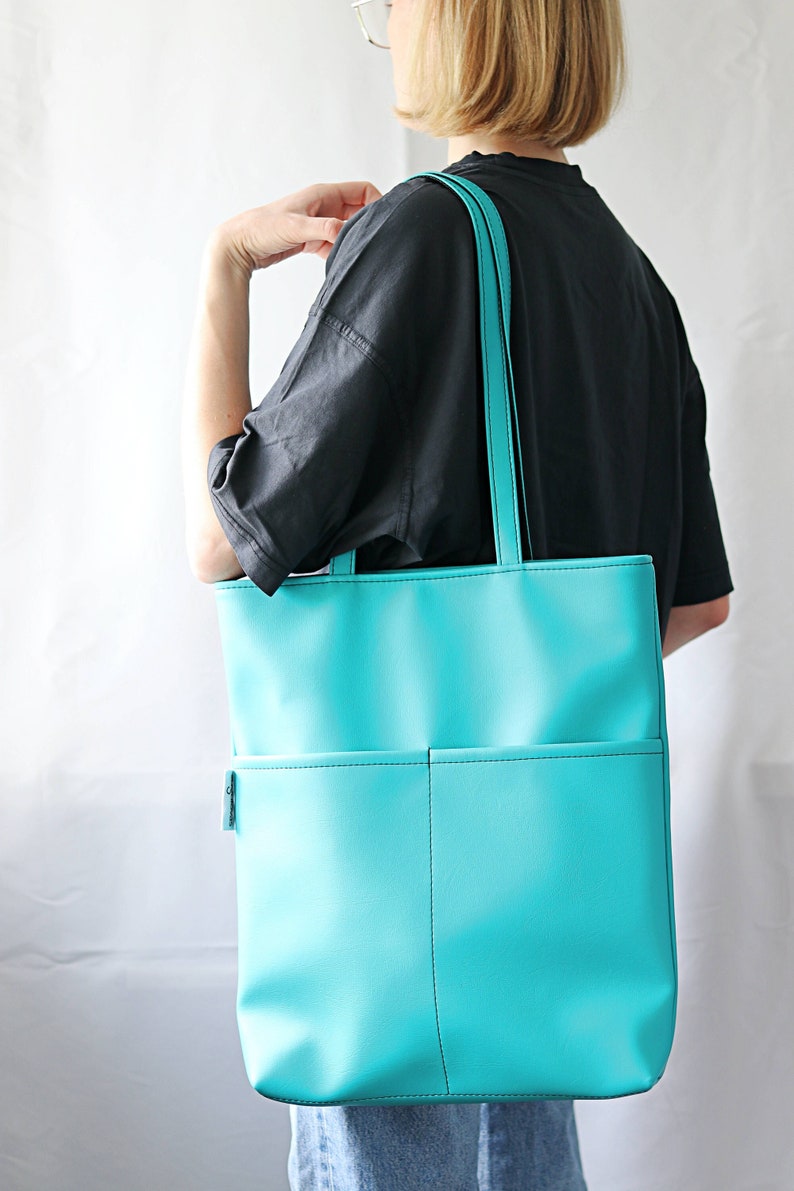 Oversized Tote Bag for Women Vegan Tote bag Colorful tote bag Feminist tote bag Vegan leather Shoulder Bag Big Women bag purse Turquoise Bag image 3