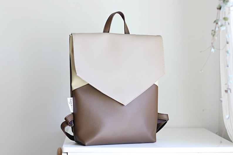 neutral color backpack. brown and beige backpack purse. Envelope rucksack. Minimalistic bag for women. Small backpack.
