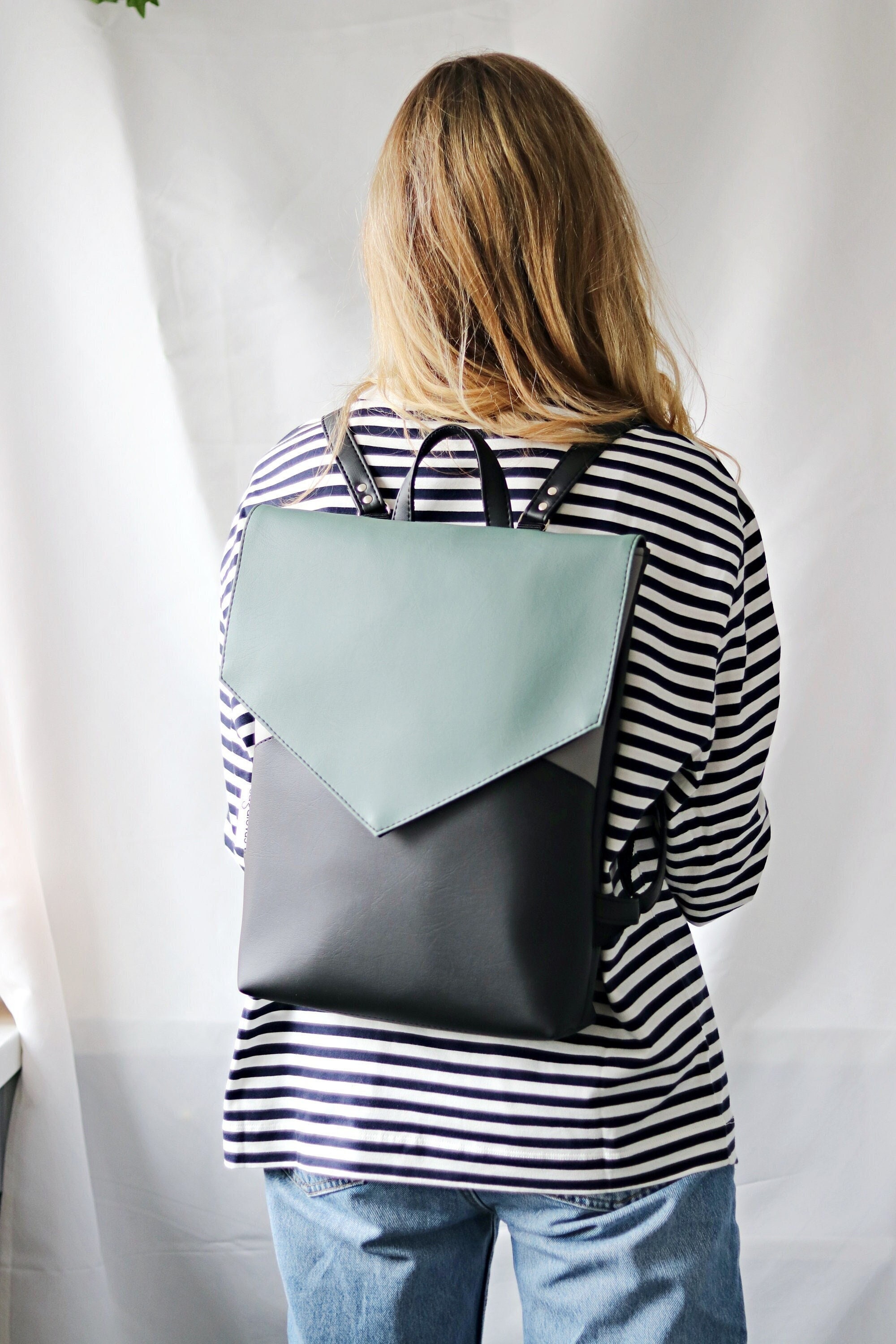 Deux Lux Demi Backpack Adjustable Back Straps White & Black Vegan Leather  Canvas