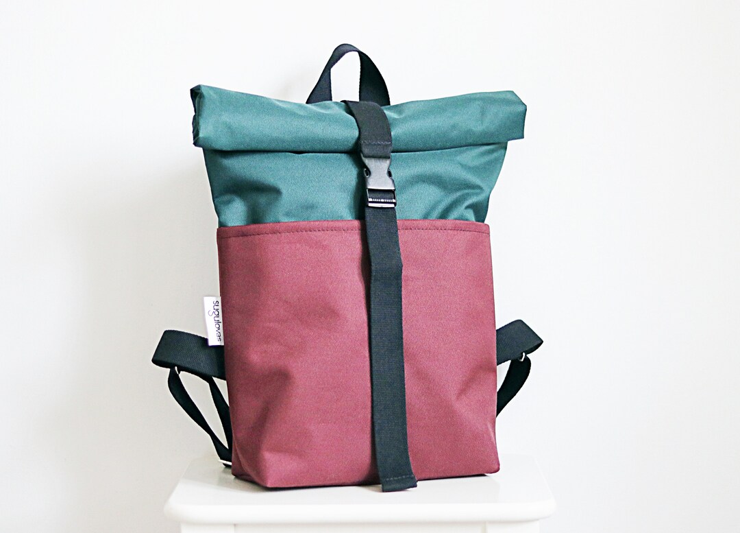 Roll Top Backpack for Women, Rolltop Rucksack for Men, Burgundy Green