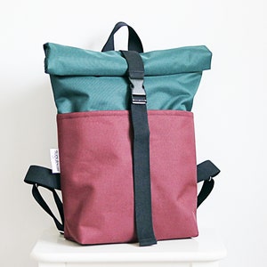 Roll top Backpack for Women, Rolltop Rucksack for men, Burgundy green laptop backpack, hanf rucksack, Gift for him, boyfriend, husband, her