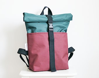 Roll top Backpack for Women, Rolltop Rucksack for men, Burgundy green laptop backpack, hanf rucksack, Gift for him, boyfriend, husband, her