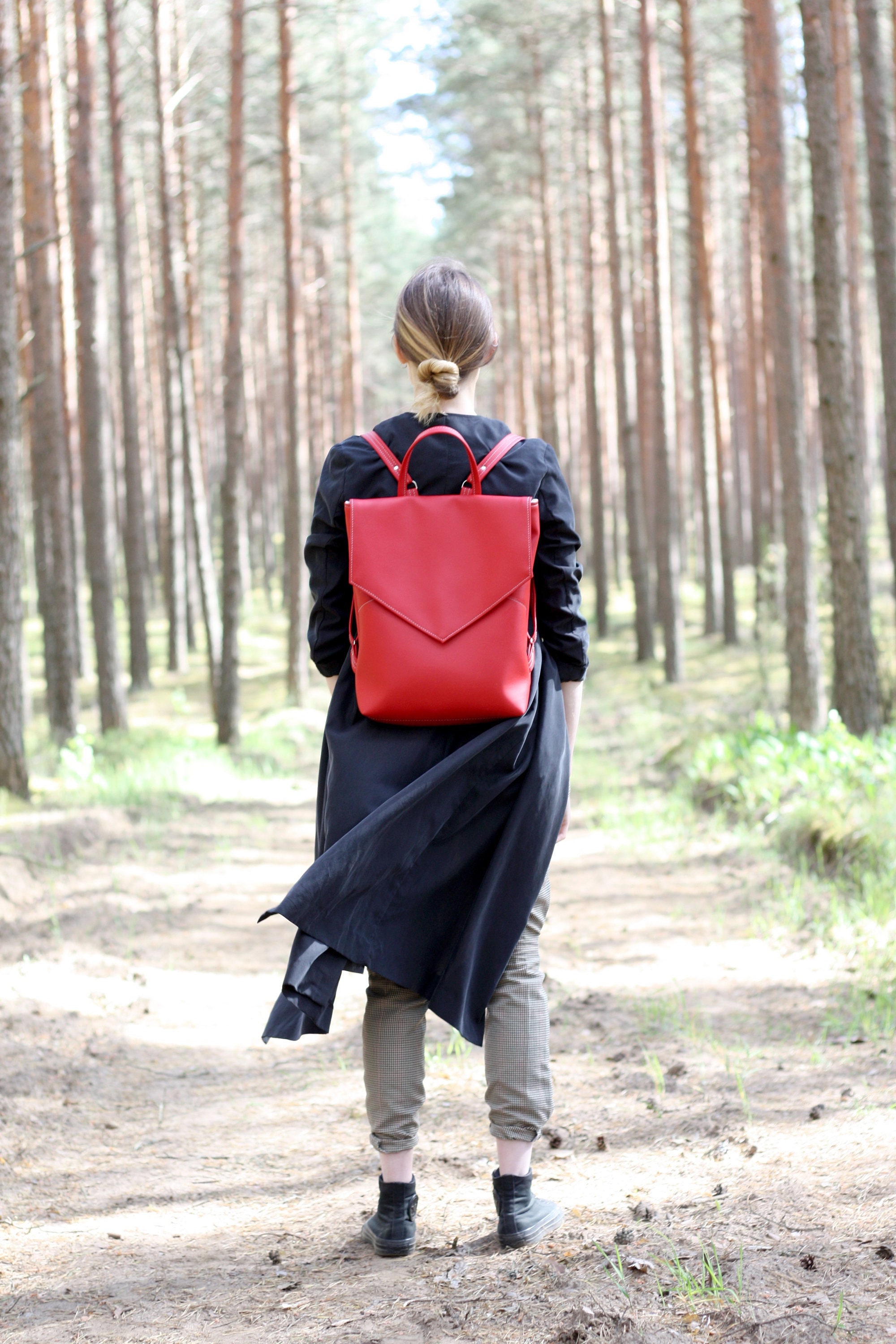 Red Vegan Leather Backpack: Minimalist Everyday Bag, Laptop 