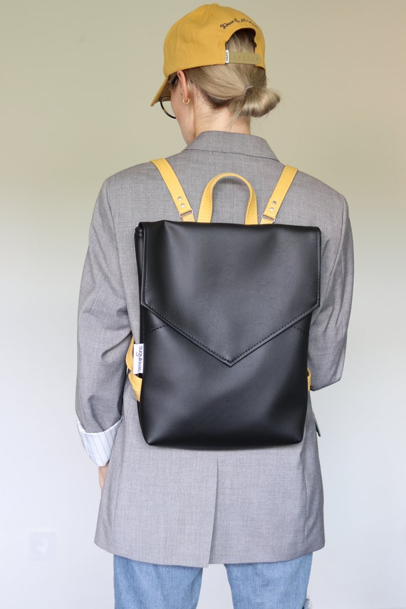Black Faux Leather Backpack for Women Minimal Daypack Laptop 
