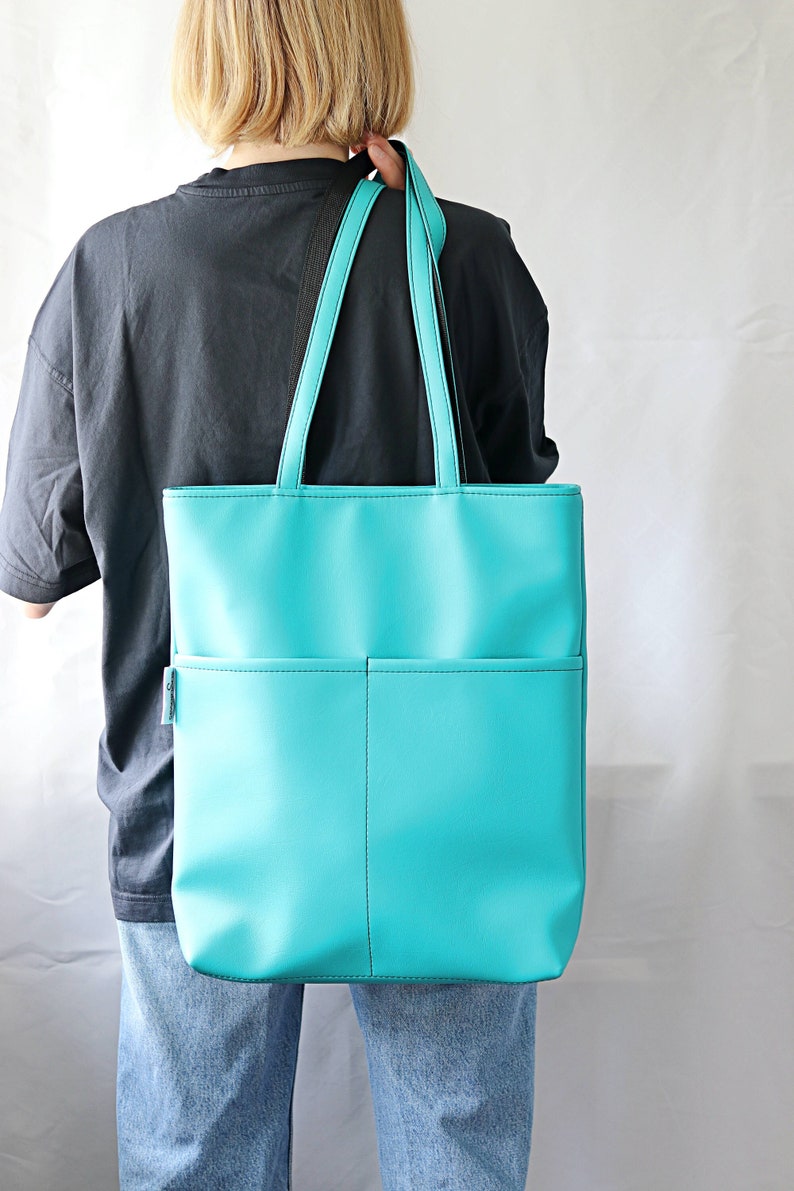 Oversized Tote Bag for Women Vegan Tote bag Colorful tote bag Feminist tote bag Vegan leather Shoulder Bag Big Women bag purse Turquoise Bag image 1