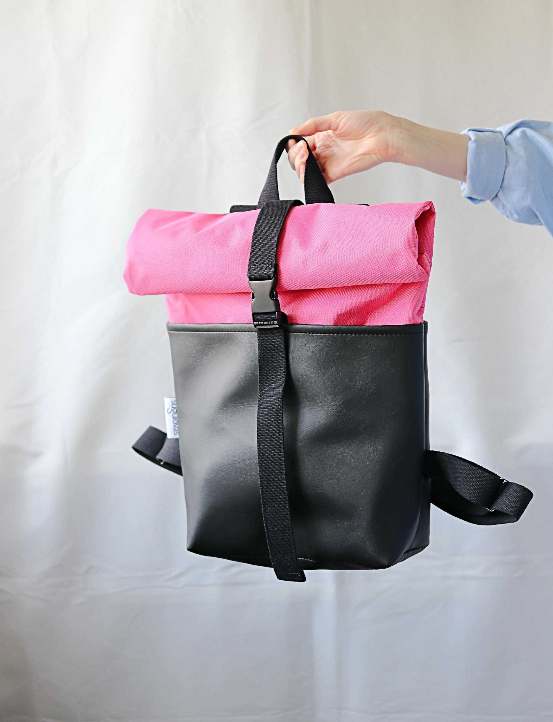 Pink Roll Top Backpack: Minimalist Work & Travel Bag, Vegan 