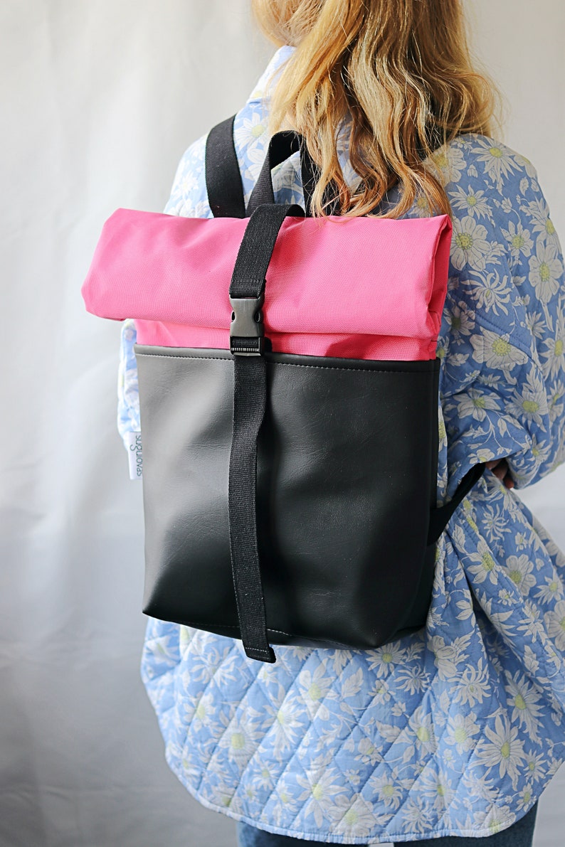 Roll top backpack for Women Colorful backpack Vegan backpack Pink Rolltop rucksack Laptop backpack Corduroy backpack for girl for travel image 2